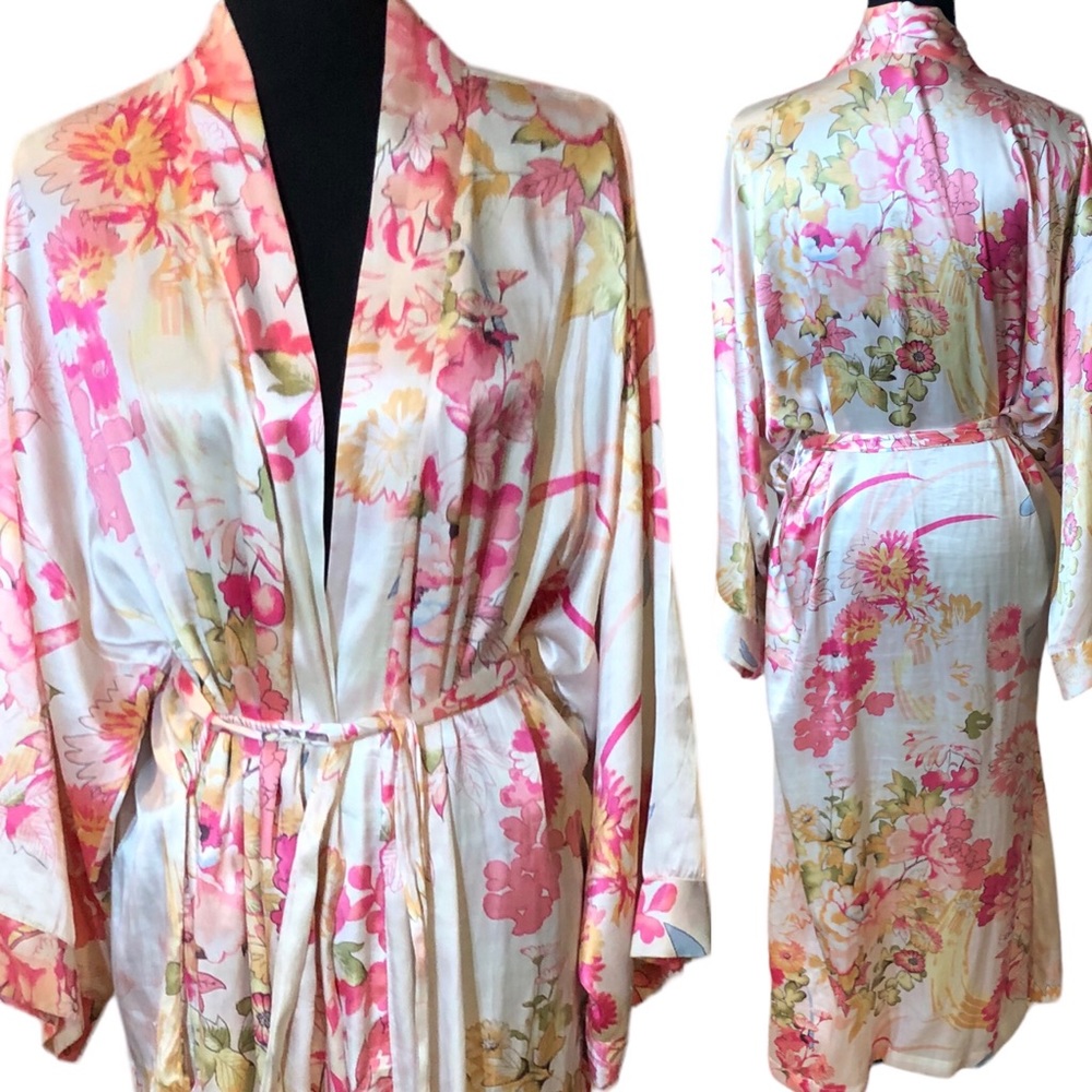 CRUZ by Natori Floral Satin Watercolor Maxi Lounge Kimono Sleeve robe XL